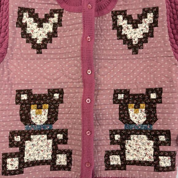 Handmade Quilted Pink Teddy Bear Heart Cottagecore Hippie Cardigan Medium - Picture 2 of 14